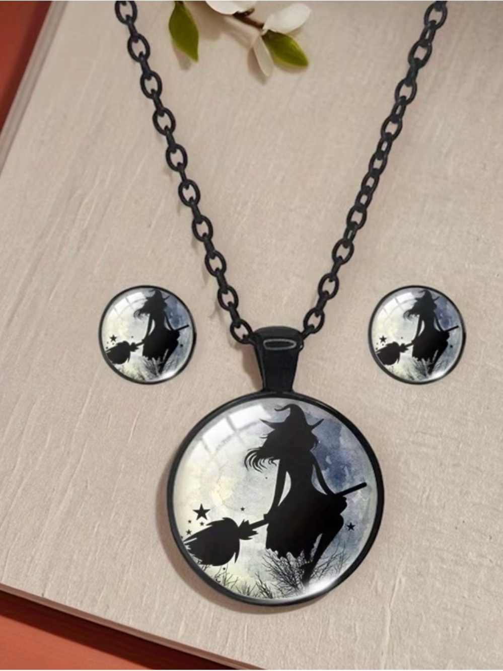 {NEW} 3-Piece Set Black Moon Witch Necklace And Earrings
